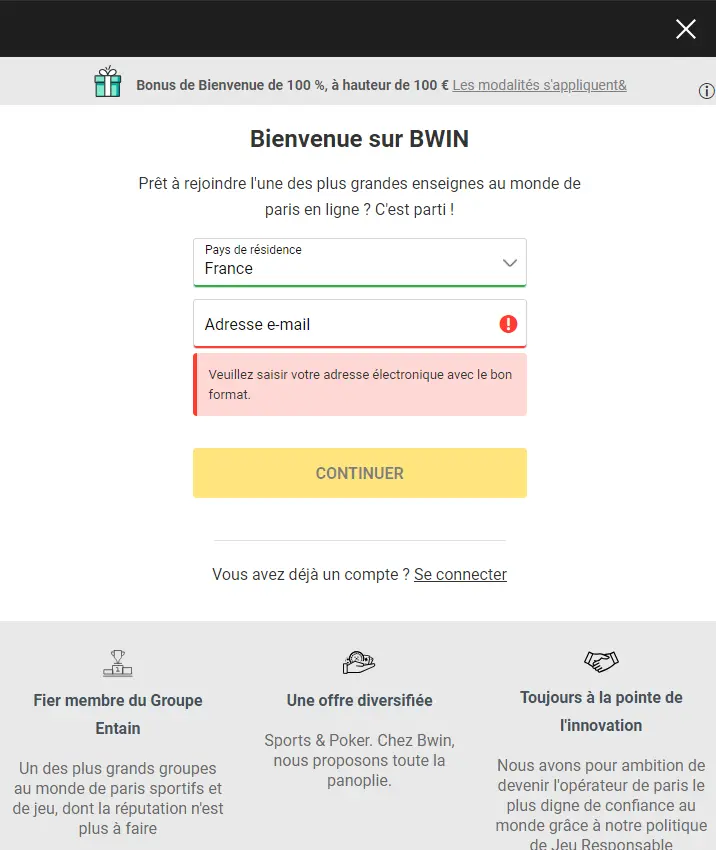 Page du formulaire d'inscription sur Bwin